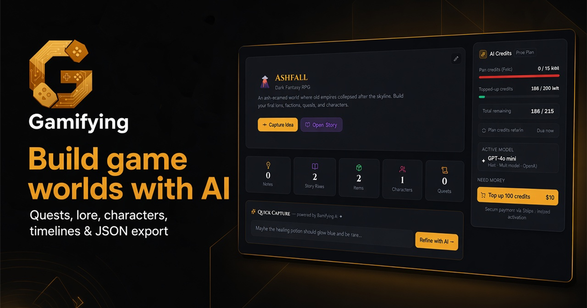 Gamifying AI game design dashboard showing a structured game workspace